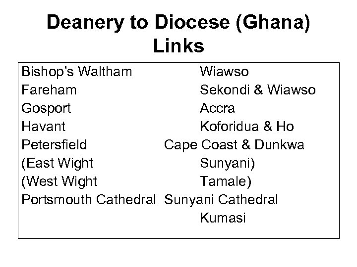 Deanery to Diocese (Ghana) Links Bishop’s Waltham Wiawso Fareham Sekondi & Wiawso Gosport Accra