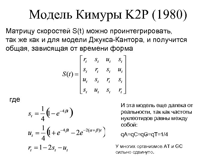 Модель Кимуры K 2 P (1980) Матрицу скоростей S(t) можно проинтегрировать, так же как