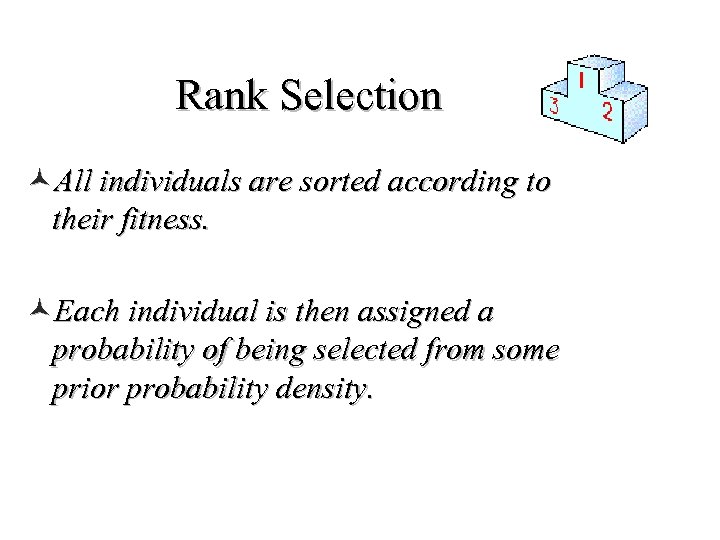 Rank Selection ©All individuals are sorted according to their fitness. ©Each individual is then