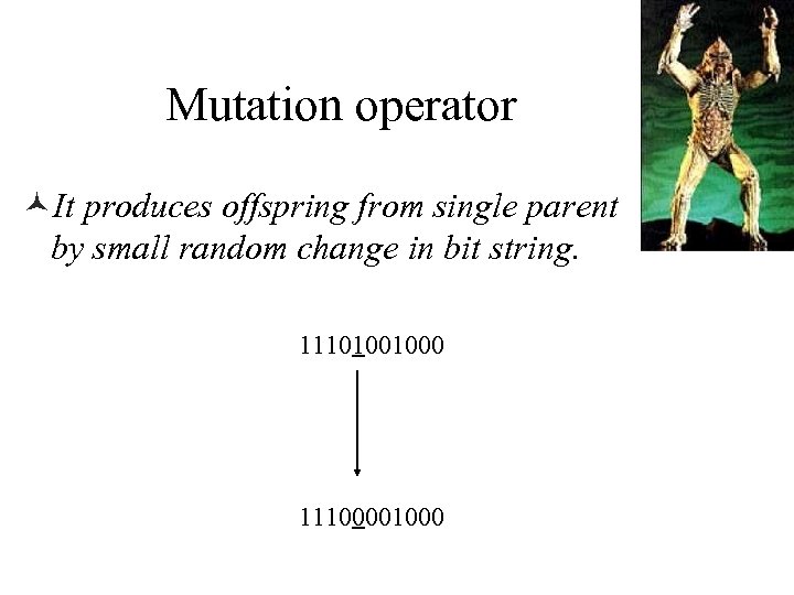 Mutation operator ©It produces offspring from single parent by small random change in bit