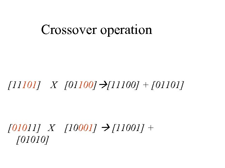 Crossover operation [11101] X [01100] [11100] + [01101] [01011] X [01010] [10001] [11001] +