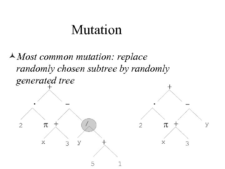 Mutation ©Most common mutation: replace randomly chosen subtree by randomly generated tree 