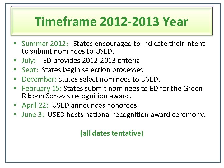 Timeframe for Pilot Timeframe 2012 -2013 Year • Summer 2012: States encouraged to indicate