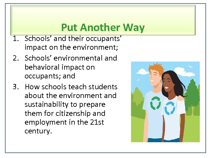 Put Another Way 1. Schools’ and their occupants’ impact on the environment; 2. Schools’