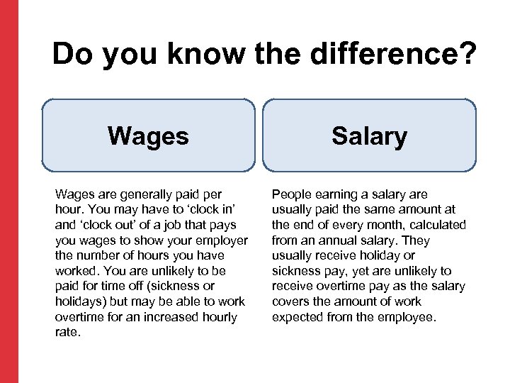 Do you know the difference? Wages Salary Wages are generally paid per hour. You