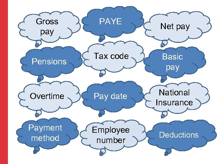 Gross pay PAYE Net pay Tax code Basic pay Overtime Pay date National Insurance