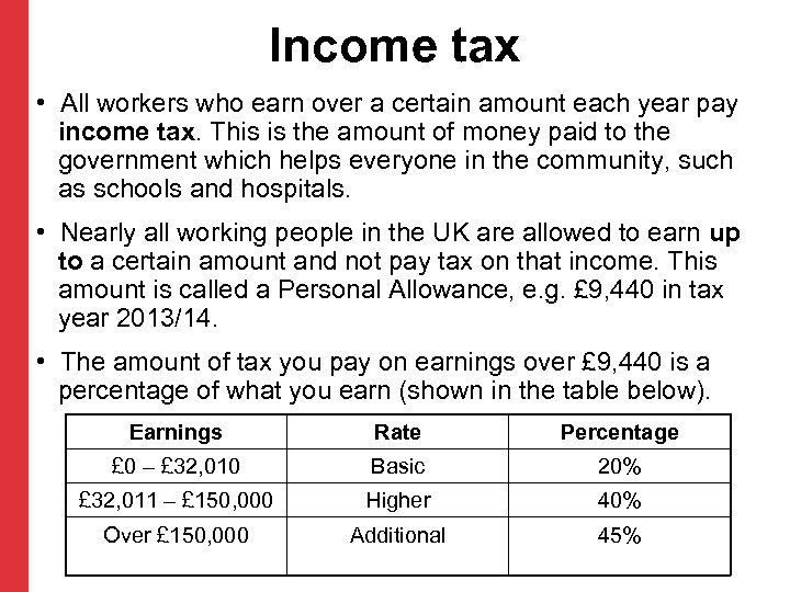 Income tax • All workers who earn over a certain amount each year pay