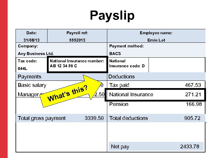 Payslip Date: Payroll ref: 5552013 31/08/13 Company: Employee name: Ernie Lot Payment method: Any
