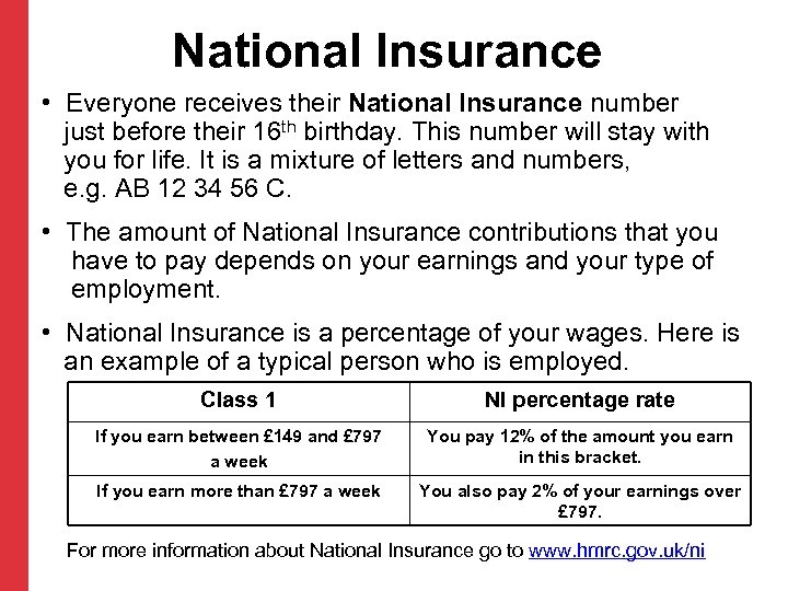 National Insurance • Everyone receives their National Insurance number just before their 16 th