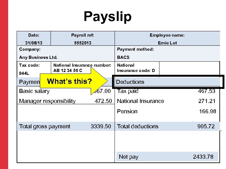 Payslip Date: Payroll ref: 5552013 31/08/13 Company: Employee name: Ernie Lot Payment method: Any