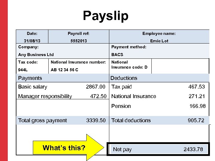Payslip Date: Payroll ref: 5552013 31/08/13 Company: Employee name: Ernie Lot Payment method: Any