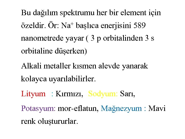 Bu dağılım spektrumu her bir element için özeldir. Ör: Na+ başlıca enerjisini 589 nanometrede