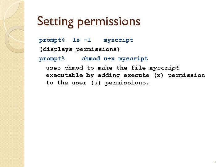 Setting permissions prompt% ls -l myscript (displays permissions) prompt% chmod u+x myscript uses chmod