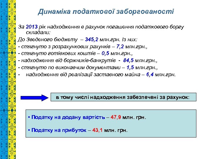 Динаміка податкової заборгованості За 2013 рік надходження в рахунок погашення податкового боргу складали: До