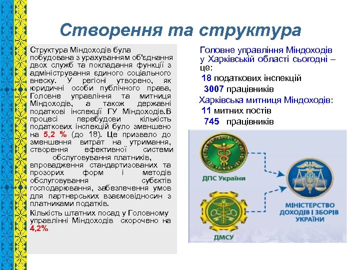Створення та структура Структура Міндоходів була побудована з урахуванням об'єднання двох служб та покладання