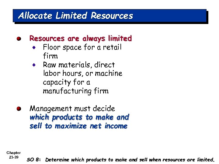 Allocate Limited Resources are always limited Floor space for a retail firm Raw materials,