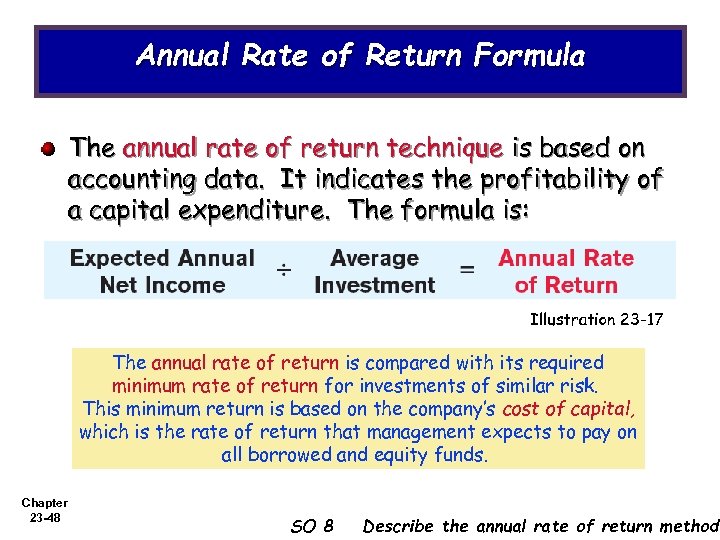 Annual Rate of Return Formula The annual rate of return technique is based on