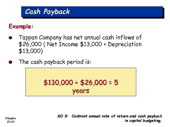 Cash Payback Example: Tappan Company has net annual cash inflows of $26, 000 (