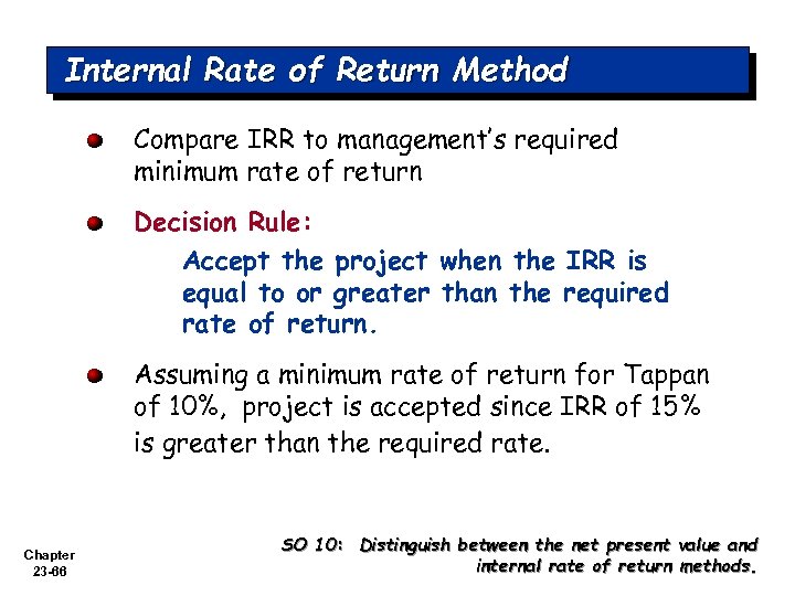 Internal Rate of Return Method Compare IRR to management’s required minimum rate of return