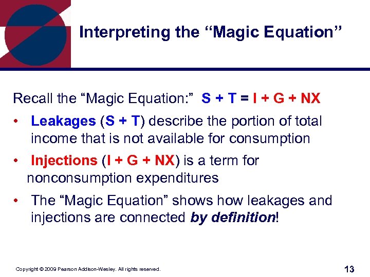 Interpreting the “Magic Equation” Recall the “Magic Equation: ” S + T = I