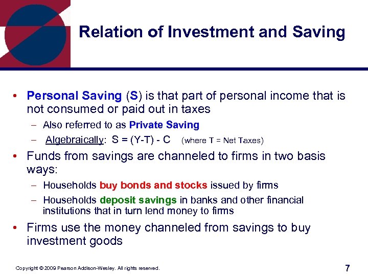 Relation of Investment and Saving • Personal Saving (S) is that part of personal