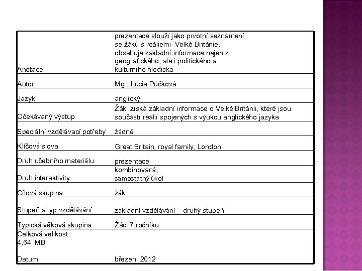 Anotace prezentace slouží jako prvotní seznámení se žáků s reáliemi Velké Británie, obsahuje základní