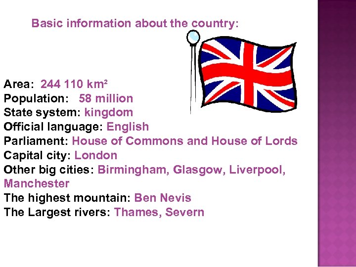 Basic information about the country: Area: 244 110 km² Population: 58 million State system: