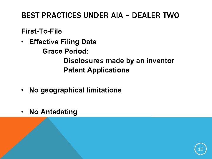 BEST PRACTICES UNDER AIA – DEALER TWO First-To-File • Effective Filing Date Grace Period: