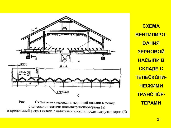СХЕМА ВЕНТИЛИРОВАНИЯ ЗЕРНОВОЙ НАСЫПИ В СКЛАДЕ С ТЕЛЕСКОПИЧЕСКИМИ ТРАНСПОРТЁРАМИ 21 