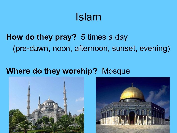 Islam How do they pray? 5 times a day (pre-dawn, noon, afternoon, sunset, evening)