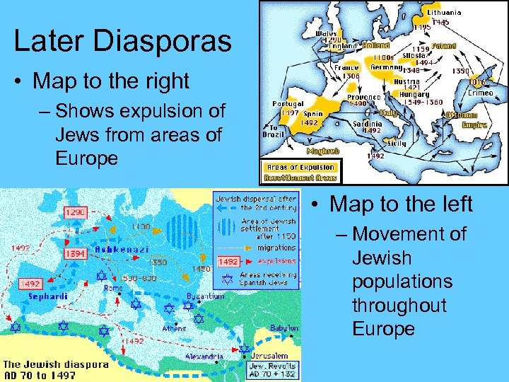 Later Diasporas • Map to the right – Shows expulsion of Jews from areas