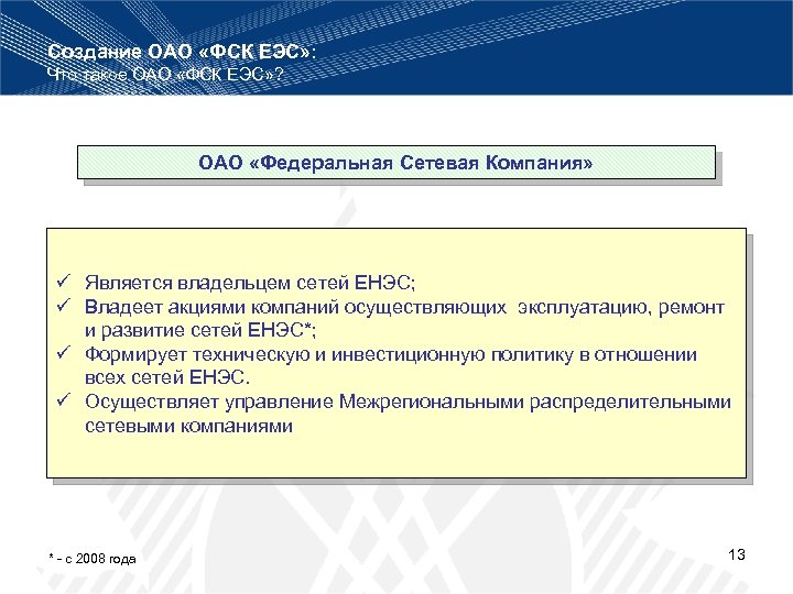 Создание ОАО «ФСК ЕЭС» : Что такое ОАО «ФСК ЕЭС» ? ОАО «Федеральная Сетевая