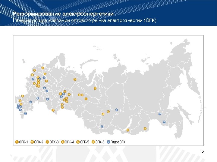 Реформирование электроэнергетики Генерирующие компании оптового рынка электроэнергии (ОГК) 5 