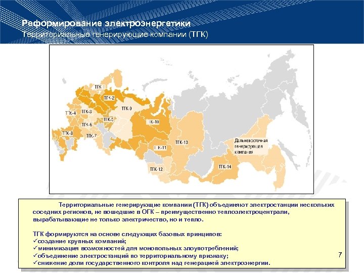 Реформирование электроэнергетики Территориальные генерирующие компании (ТГК) объединяют электростанции нескольких соседних регионов, не вошедшие в