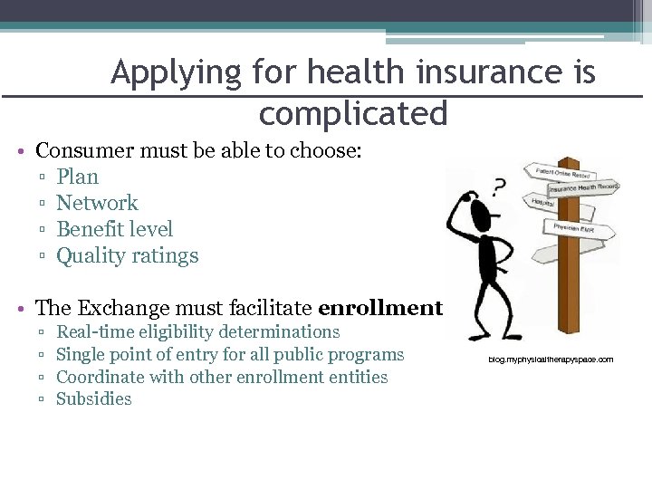 Applying for health insurance is complicated • Consumer must be able to choose: ▫