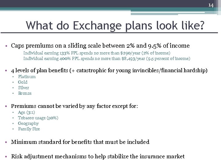 14 What do Exchange plans look like? • Caps premiums on a sliding scale