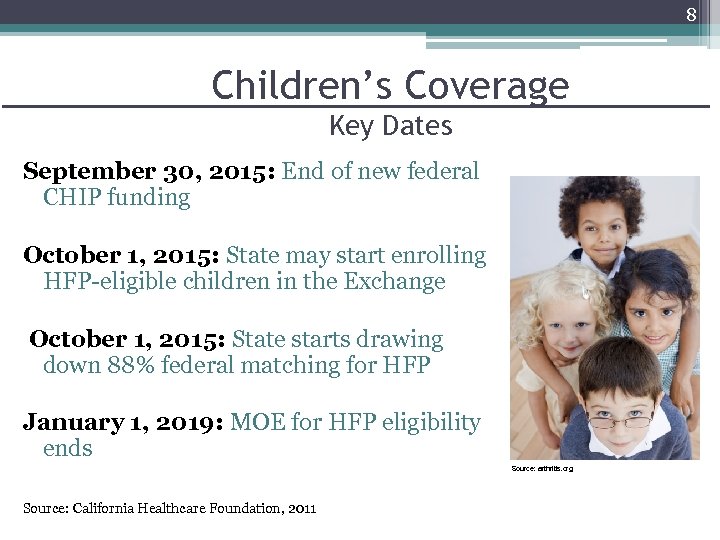 8 Children’s Coverage Key Dates September 30, 2015: End of new federal CHIP funding