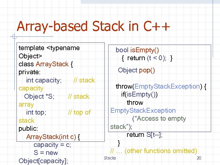 Array-based Stack in C++ template <typename Object> class Array. Stack { private: int capacity;