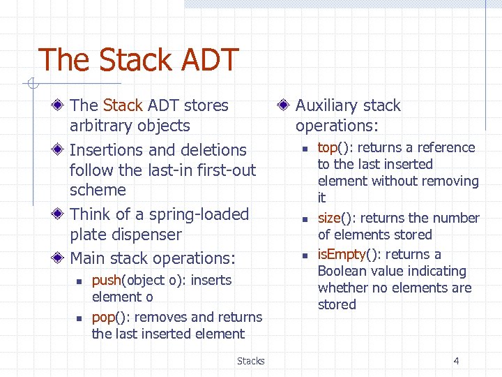 The Stack ADT stores arbitrary objects Insertions and deletions follow the last-in first-out scheme