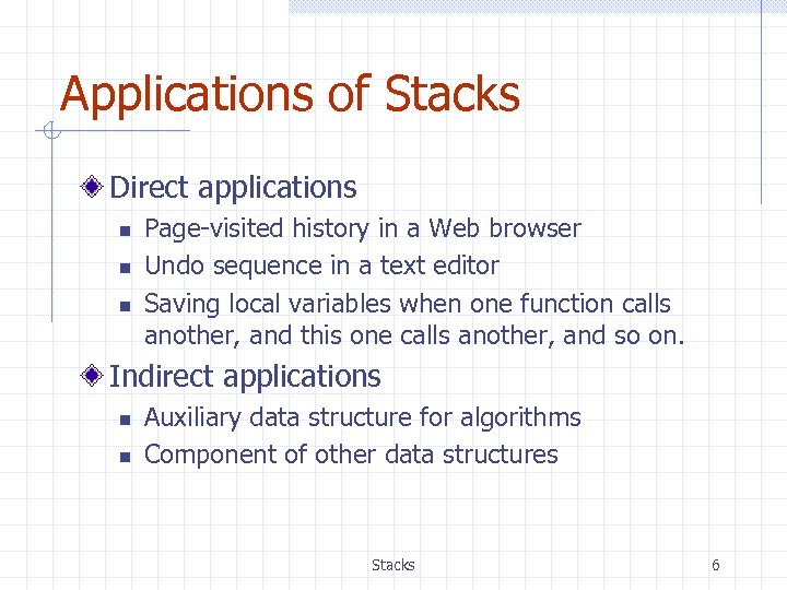 Applications of Stacks Direct applications n n n Page-visited history in a Web browser