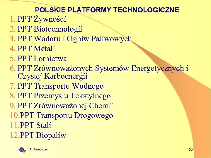 POLSKIE PLATFORMY TECHNOLOGICZNE 1. PPT Żywności 2. PPT Biotechnologii 3. PPT Wodoru i Ogniw