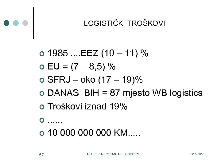 LOGISTIČKI TROŠKOVI 1985. . EEZ (10 – 11) % ¢ EU = (7 –
