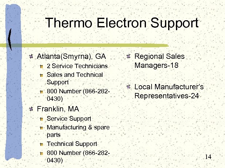 Thermo Electron Support Atlanta(Smyrna), GA 2 Service Technicians Sales and Technical Support 800 Number