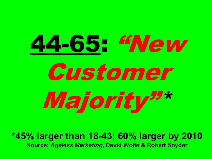44 -65: “New Customer Majority” * *45% larger than 18 -43; 60% larger by