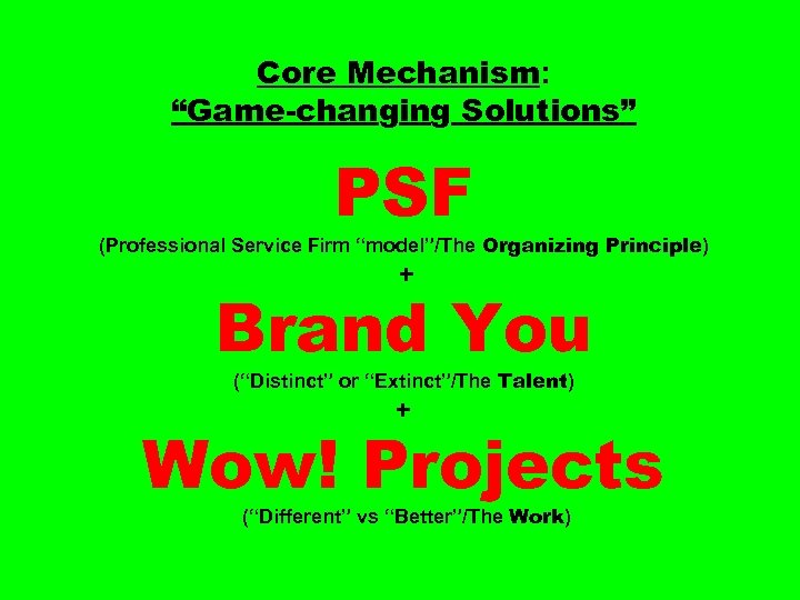Core Mechanism: “Game-changing Solutions” PSF (Professional Service Firm “model”/The Organizing Principle) + Brand You