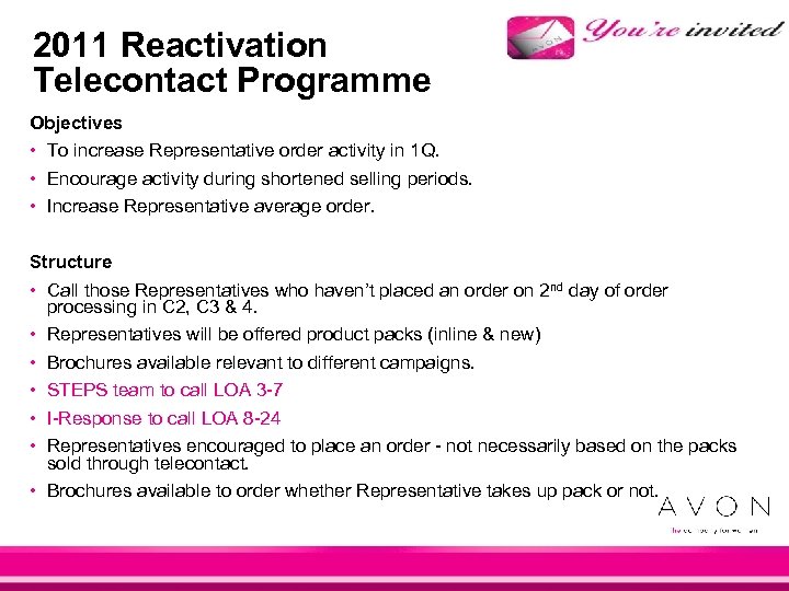 2011 Reactivation Telecontact Programme Objectives • To increase Representative order activity in 1 Q.