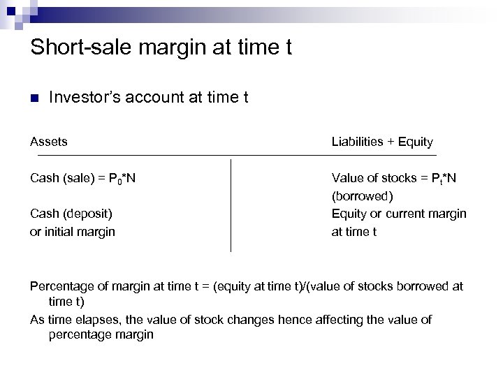 Short-sale margin at time t n Investor’s account at time t Assets Liabilities +