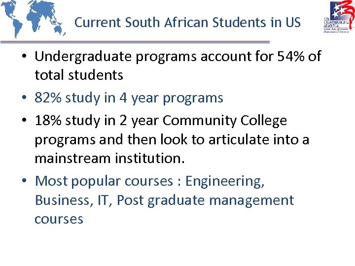 Current South African Students in US • Undergraduate programs account for 54% of total