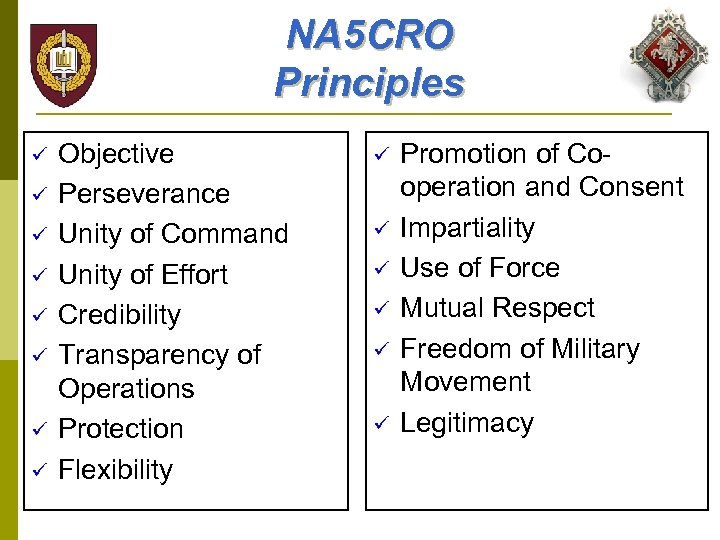 NA 5 CRO Principles ü ü ü ü Objective Perseverance Unity of Command Unity