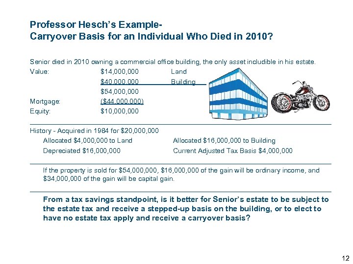 Professor Hesch’s Example. Carryover Basis for an Individual Who Died in 2010? Senior died